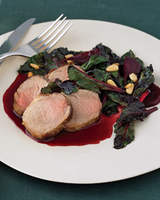 Sauteed Beet Greens with Roasted Beets and Pork Tenderloin