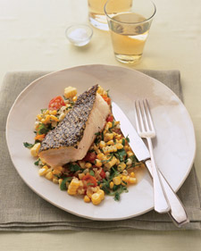 Striped Bass With Tomatoes, Corn, and Basil