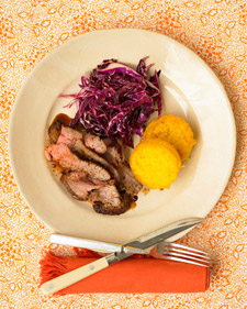 Image of Chili-Rubbed Flank Steak With Cabbage Salad And Polenta Rounds, Martha Stewart