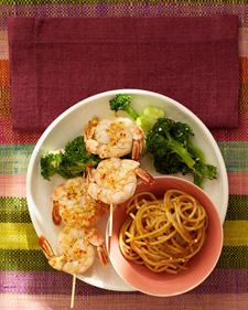 Garlic-Chili Shrimp Skewers with Peanut Noodles and Broccoli