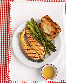 Grilled Salmon Steaks with Mustard Sauce and Asparagus