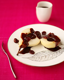 Pears and Dried Cherries with Chocolate Sauce