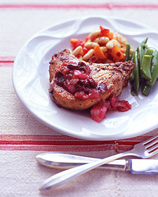 Pork Chops with Rhubarb-Cherry Sauce