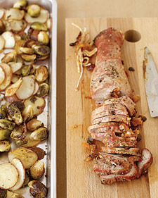 Apricot-Stuffed Pork with Potatoes and Brussels Sprouts
