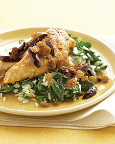 Chicken with Olives, Raisins, and Spinach Rice