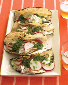 Fish Tacos with Salsa Verde and Radish Salad