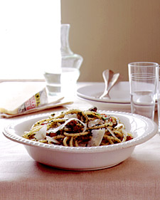 Perciatelli with Garlic, Walnuts, and Tomato, and Warm Shrimp Antipasto