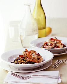 Bacon-and-Herb-Sauteed Shrimp with Vegetable Borscht and Lentils