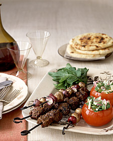 Sirloin and Vegetable Kebabs with Stuffed Tomatoes and Grilled Flatbread