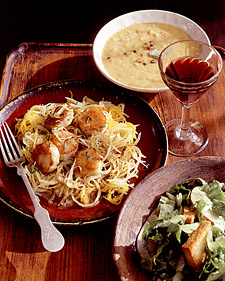 Scallops over Spaghetti Squash with Red-Lentil Soup and Escarole Salad
