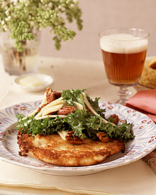 Fried-Chicken Paillard with Chicory, Jicama, and Pecan Salad and Biscuits
