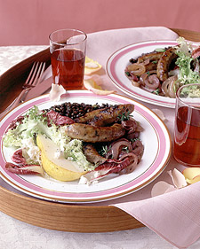 Sausage and Red Onions with Stewed Lentils and Chicory Salad 