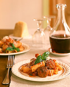 Meatballs with Rigatoni and Chicory Salad with Garlic Croutons