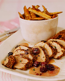 Mustard-Rubbed Pork with Blackberry Mustard Sauce and Spiced Oven Fries