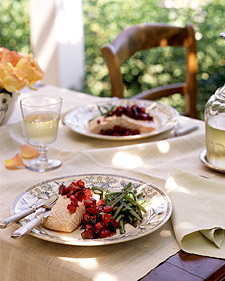 Poached Salmon with Beet Relish, Green Beans, and Potatoes