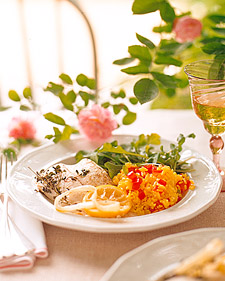 Baked Flounder with Onion and Lemon and Saffron Rice
