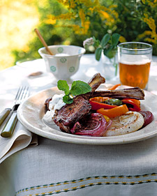 Lamb Chops with Yogurt Sauce, Grilled Peppers, and Eggplant Fritters