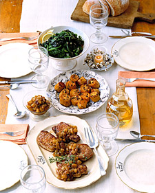 Pork Chops with Apple Chutney, Mustard Greens, and Sweet Potatoes