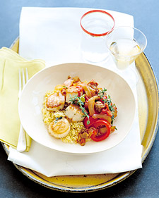 Sea Scallops with Saffron Couscous and Sausage-and-Pepper Stew