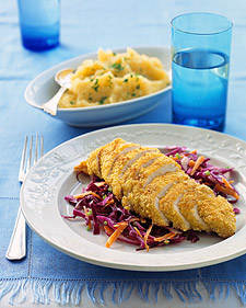 Cornflake-Crusted Chicken with Red Cabbage Slaw and Rutabaga Potatoes