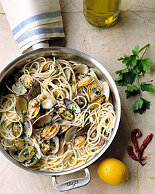 Spaghetti with Clams, Artichoke Bruschetta, and Sauteed Chicory