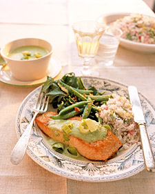 Salmon with Leek Sauce with Rice Salad and Sugar Snap Peas