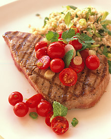 Grilled Tuna with Cherry-Tomato Salad and Herbed Bulghur