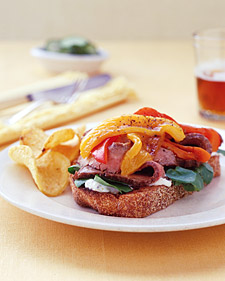Flank-Steak Sandwiches with Roasted Peppers and Spinach-Potato Soup