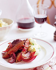 Steak with Caramelized Onions and Lemon-Caper Mashed Potatoes