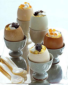 Scrambled Eggs with Creme Fraiche and Caviar in Eggshell Cups