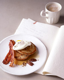 Poached Eggs with Bacon and Toasted Pecan Pancakes 