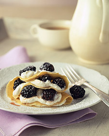 Cornmeal Crepes with Fresh Buttermilk Cheese and Blackberries