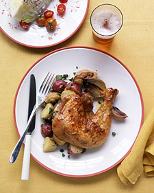 Roasted Chicken with Shallots, Potato Salad, and Chocolate Pudding