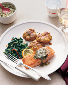 Seared Salmon with Caper Butter, Sauteed Spinach, and Crushed Potatoes