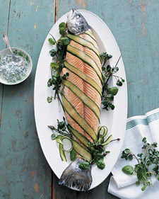 Image of Poached Salmon With Cucumber, Cress, And Caper Sauce, Martha Stewart