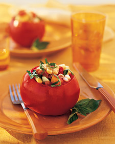 Stuffed Tomatoes with Peaches, Corn, Cucumbers, and Basil