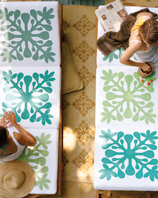 Stenciled Hawaiian Flower Cushions, Lauhala Mats