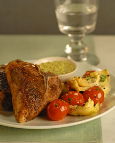 Lamb Chops with Pistachio Sauce and Vegetable Saute