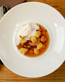 Spiced Apple Cider Soup with Sweet Potato Dumplings, Quince, and Dates