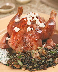 Pomegranate-Glazed Cornish Game Hens with Wild Rice-Chestnut Stuffing and Yogurt Sauce