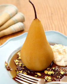 Green Tea Poached Pears with Pistachio Brittle