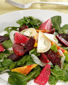 Mixed Baby Beet Salad with Blood Oranges, Shaved Fennel, and Chevrot Cheese
