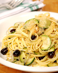 Linguine with Zucchini, Garlic, Black Olives, and Toasted Breadcrumbs