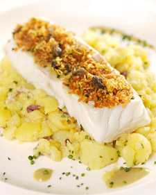 Cod with Crushed Potatoes and Anchovy-Olive Oil Emulsion