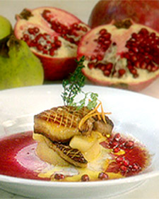 Seared Foie Gras with Poached Quince, Tangerine, and Pomegranate Juice