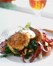 Codfish Cakes with Tartar Sauce and Broccoli Rabe, Carrot, and Radicchio Salad