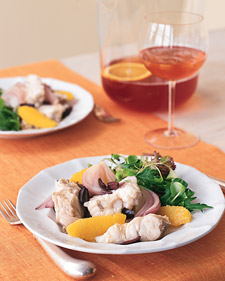 Poached Monkfish with Red Onion, Oranges, and Kalamata Olives