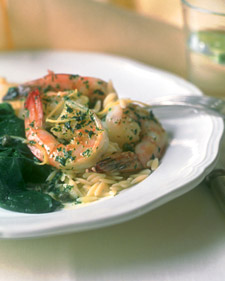 Shrimp Saute with Orzo, Minted Pea Soup, and Spinach